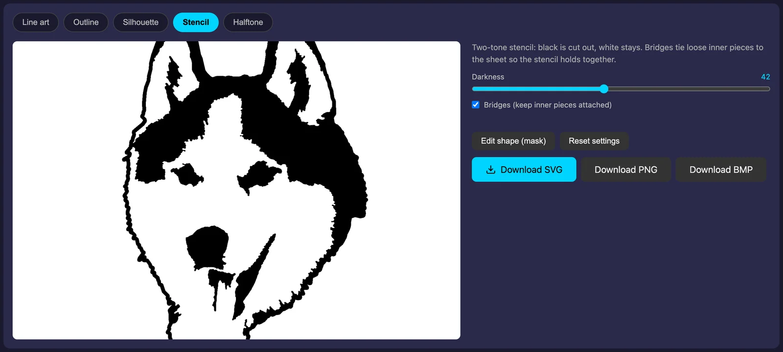 Output styles panel with the Stencil tab selected, showing the Darkness slider, the Bridges option and the Download SVG, PNG and BMP buttons